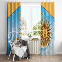 Window curtain panels with gold sun emblem and blue wavy stripes at full height