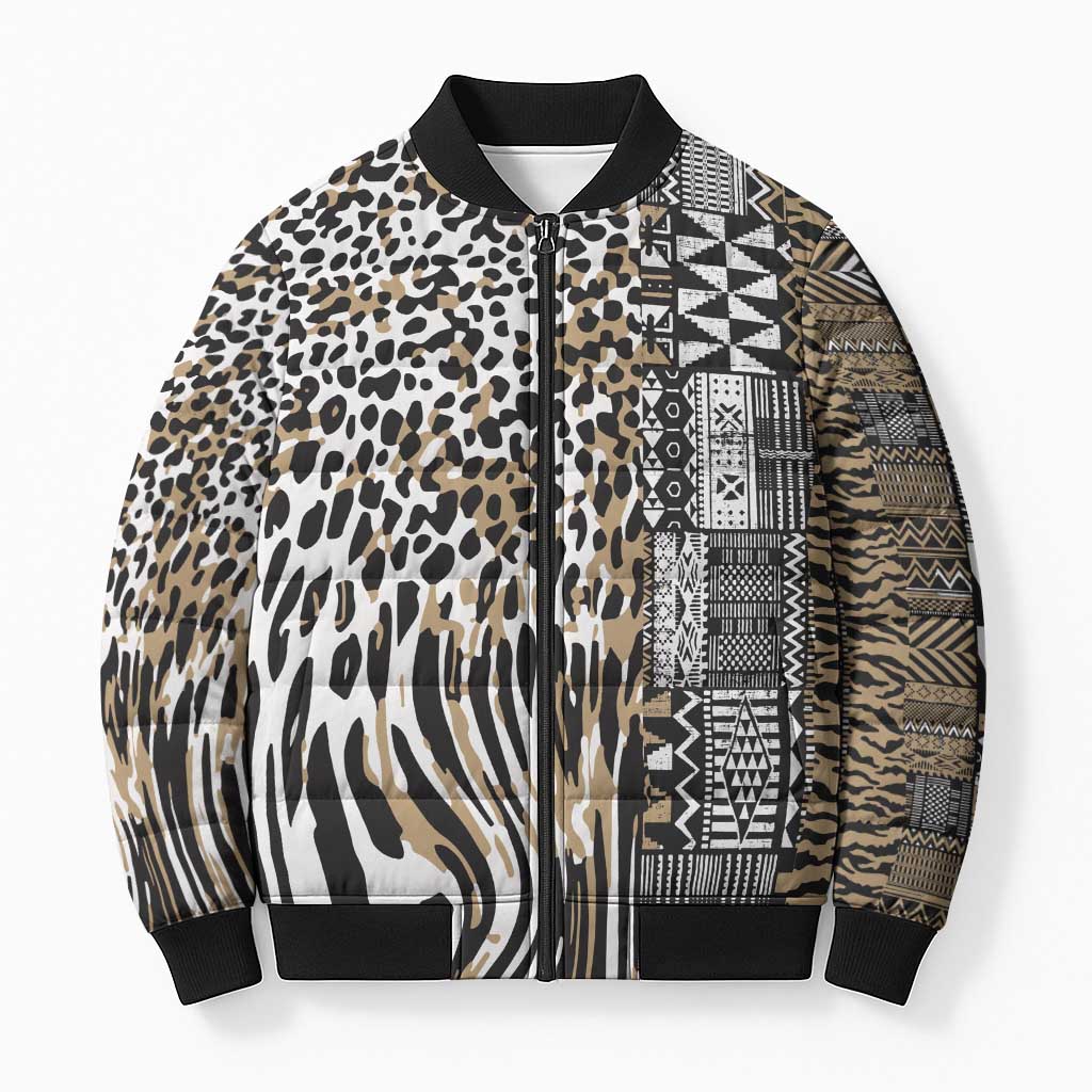 Africa Tribal Pattern Mixed Leopard Skin Bomber Puffer Jacket - Wonder Print Shop
