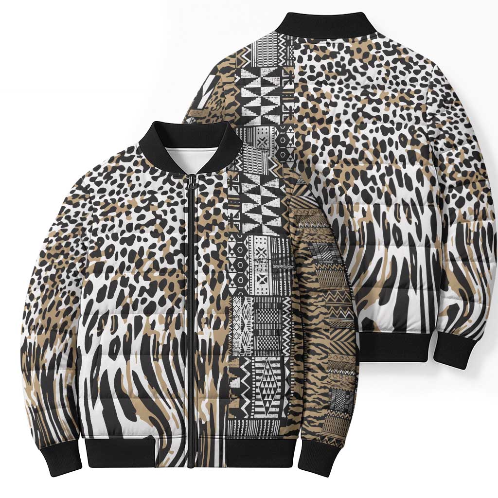 Africa Tribal Pattern Mixed Leopard Skin Bomber Puffer Jacket - Wonder Print Shop