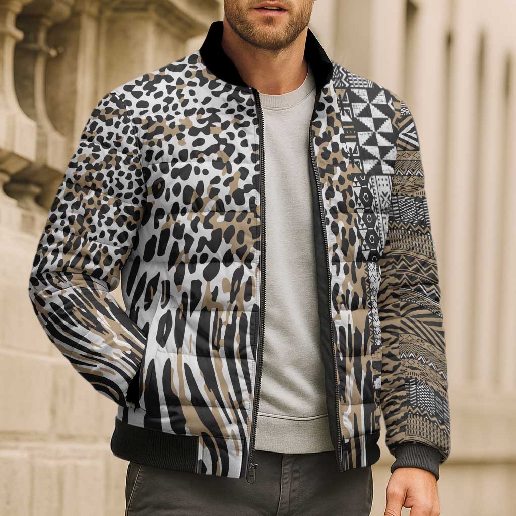 Africa Tribal Pattern Mixed Leopard Skin Bomber Puffer Jacket - Wonder Print Shop