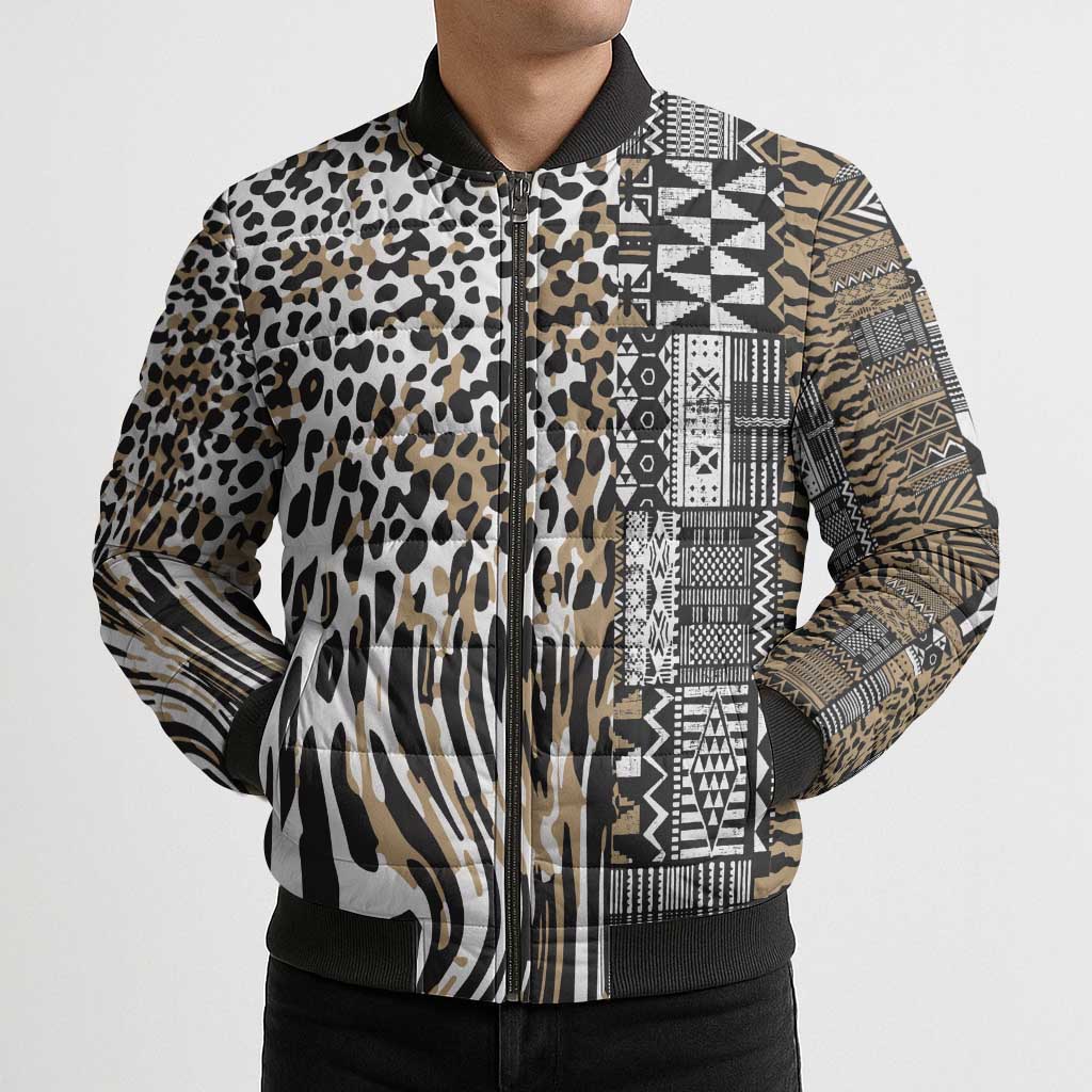 Africa Tribal Pattern Mixed Leopard Skin Bomber Puffer Jacket - Wonder Print Shop