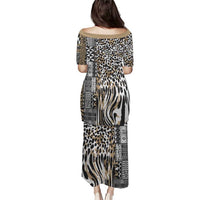 Back view off-shoulder long dress with leopard zebra and tribal stripe patchwork print