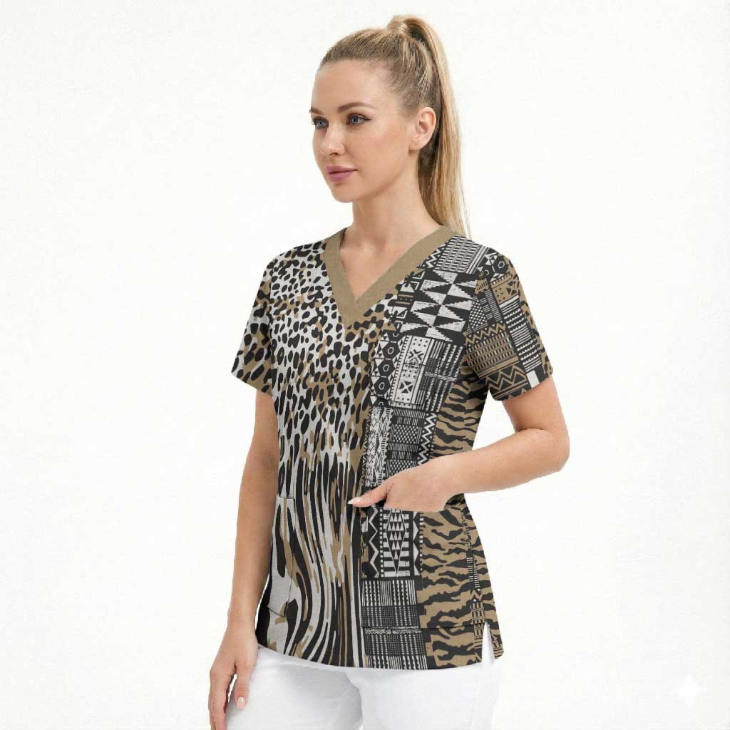 Africa Tribal Pattern Mixed Leopard Skin Scrub Top