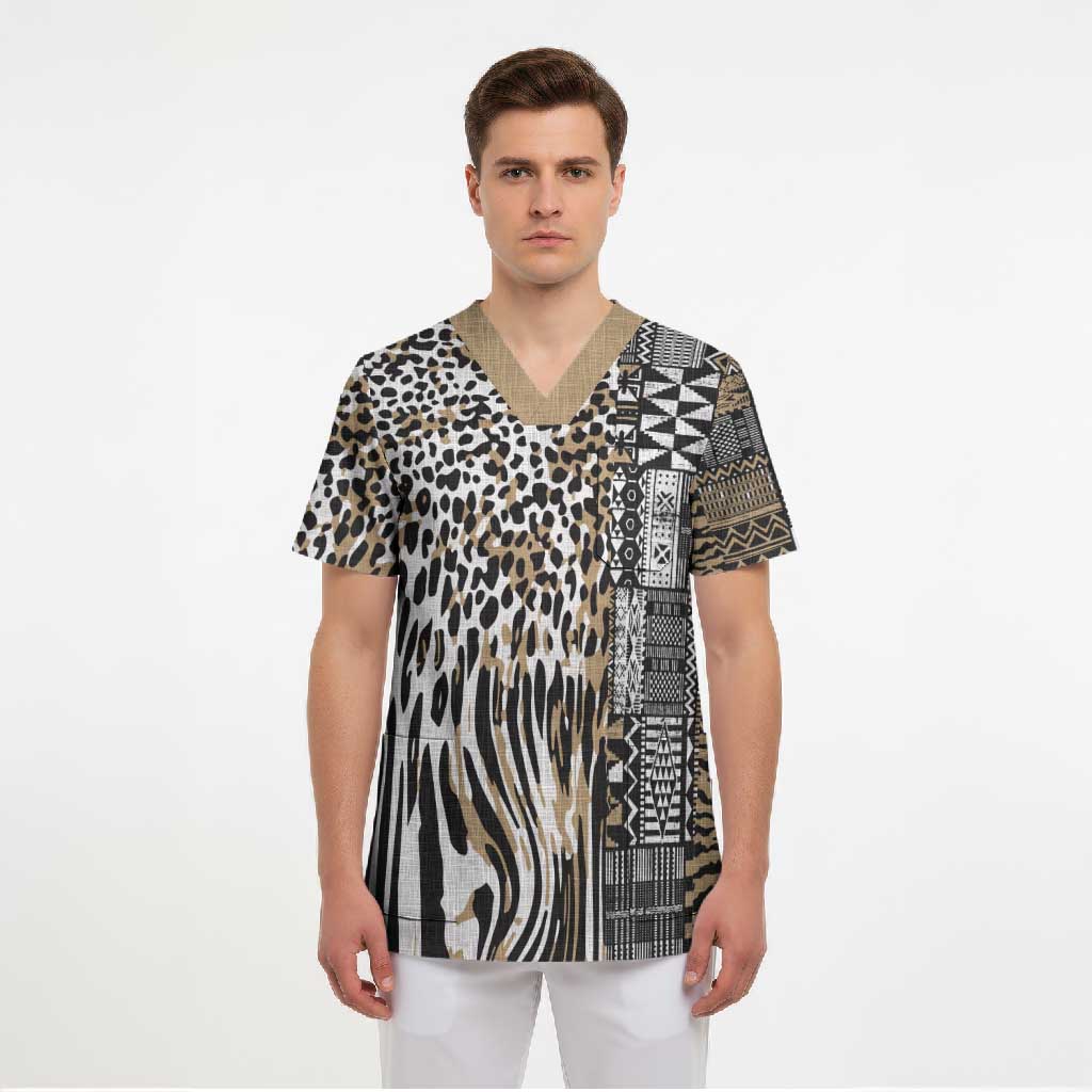 Africa Tribal Pattern Mixed Leopard Skin Scrub Top