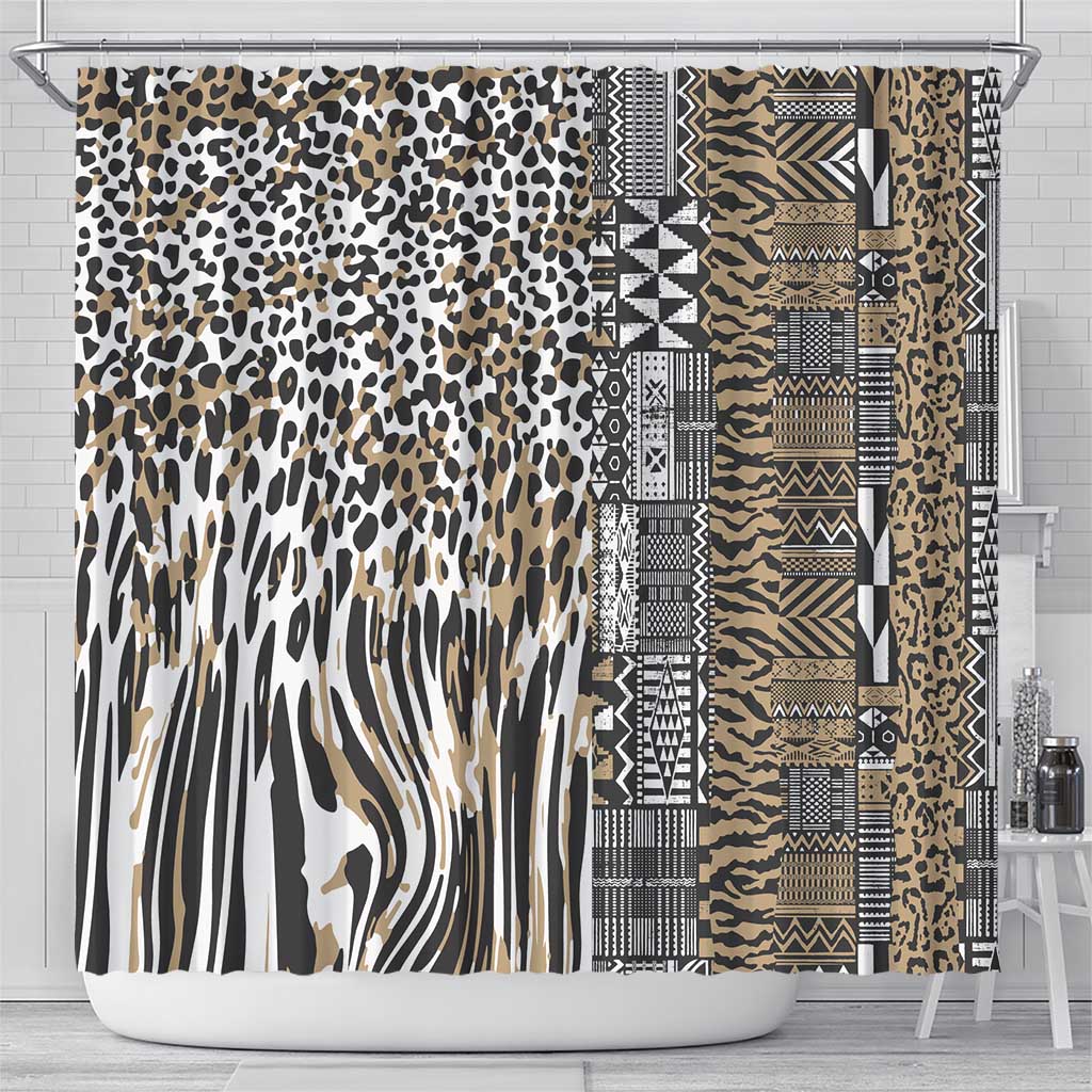 Shower curtain with beige leopard print, black geometric border, and zebra stripe section