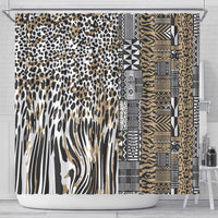 Shower curtain with beige leopard print, black geometric border, and zebra stripe section