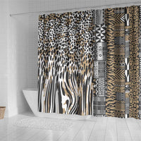 Beige shower curtain featuring leopard spots, zebra waves, and vertical tribal patterns