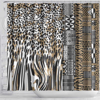 Shower curtain with leopard print left, zebra stripes, and tribal geometric panel right