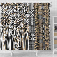 Wide view of beige shower curtain with leopard spots, zebra stripes, and tribal patterned side