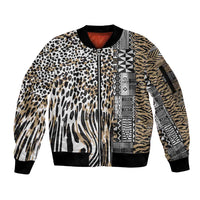 Beige and black tribal leopard-print zip bomber jacket with ribbed cuffs and hem