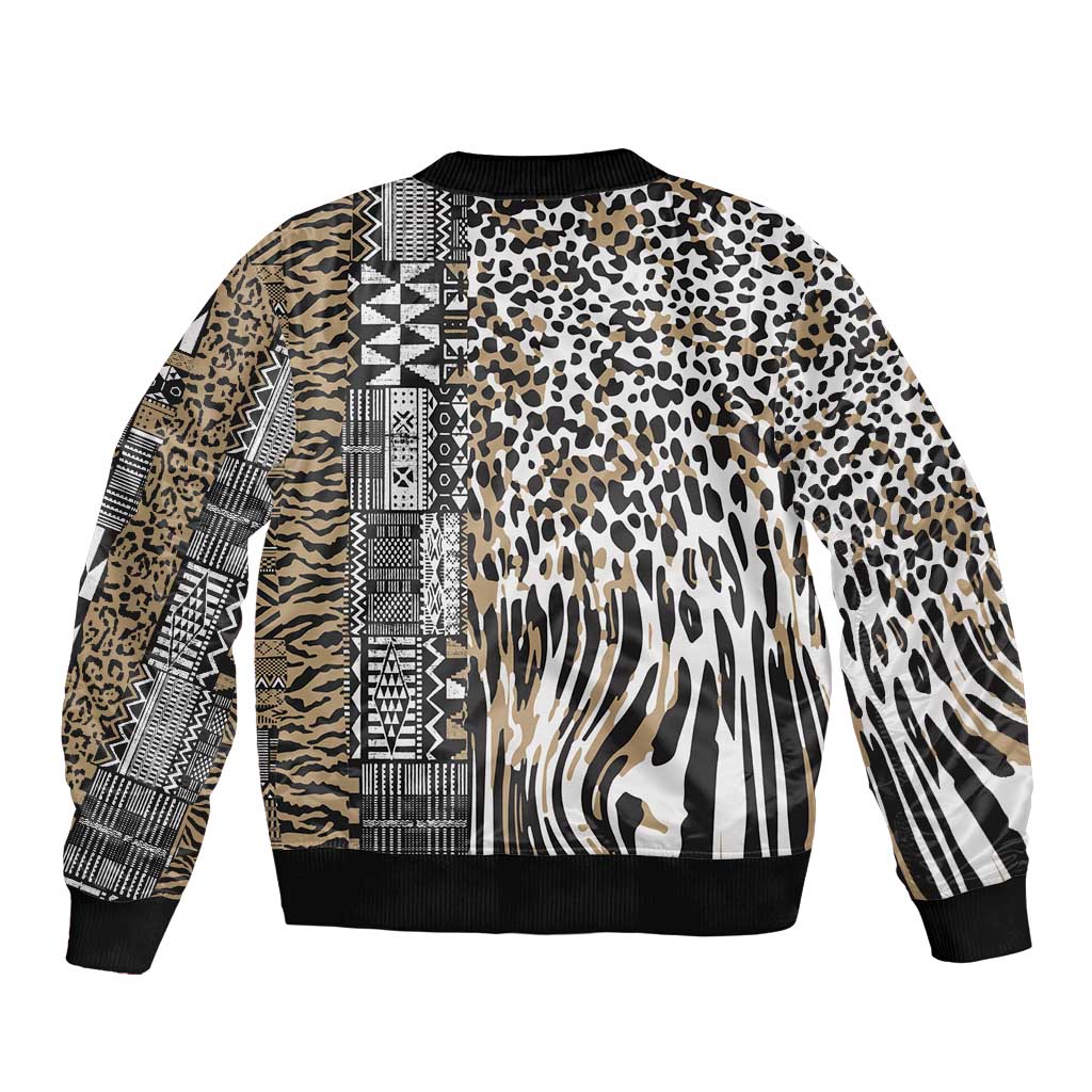 Beige and black tribal leopard-print bomber jacket back with ribbed hem and cuffs