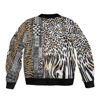 Beige and black tribal leopard-print bomber jacket back with ribbed hem and cuffs