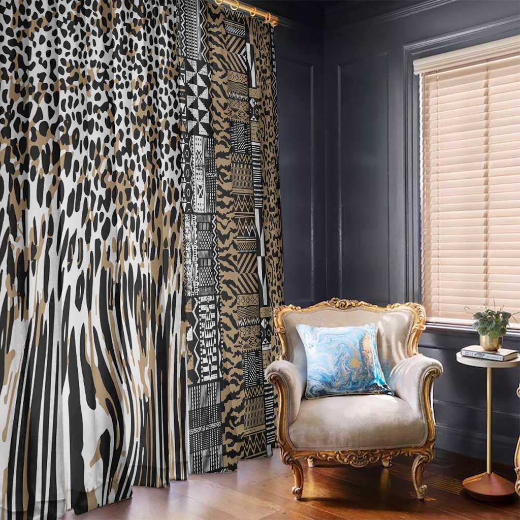 Two hanging window curtain panels with leopard print and tribal stripes in beige and dark tones.