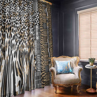 Two hanging window curtain panels with leopard print and tribal stripes in beige and dark tones.