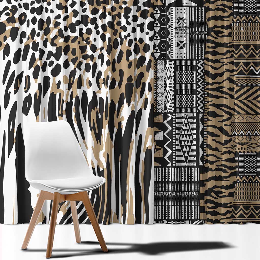 Leopard-pattern window curtain panel beside a tribal geometric patterned panel in beige and black.