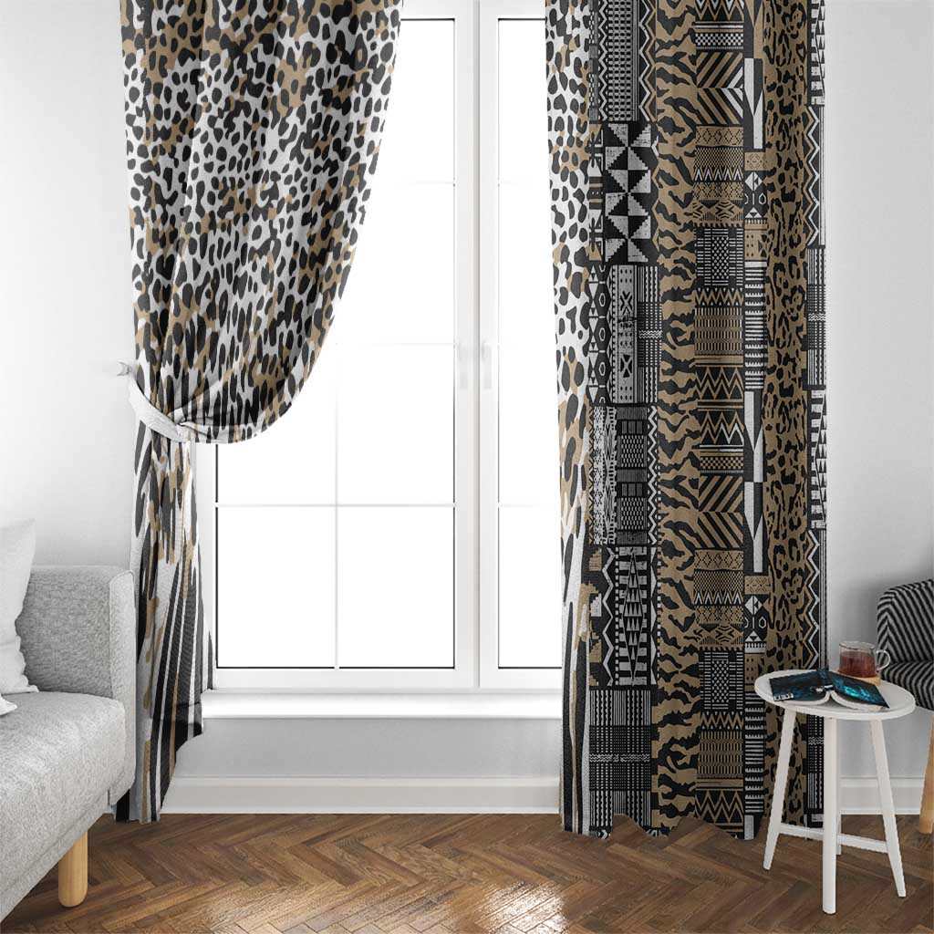 Paired window curtain panels with leopard print and tribal block patterns, beige and dark.