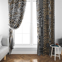 Paired window curtain panels with leopard print and tribal block patterns, beige and dark.