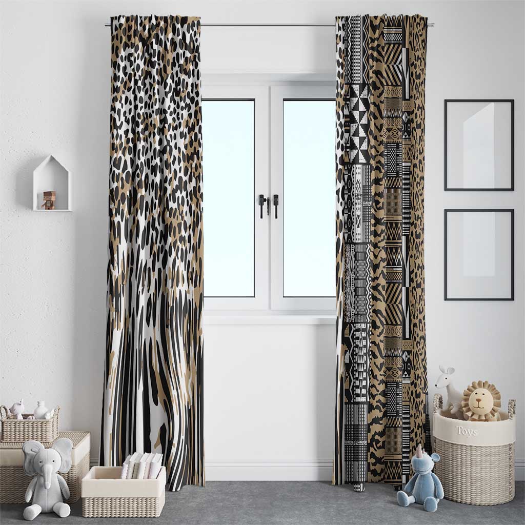 Leopard and tribal patterned window curtains hanging side by side in beige and black.