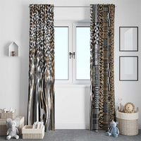 Leopard and tribal patterned window curtains hanging side by side in beige and black.