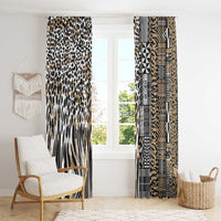 Window curtain panels with leopard print and tribal border motifs in beige, black, and white.