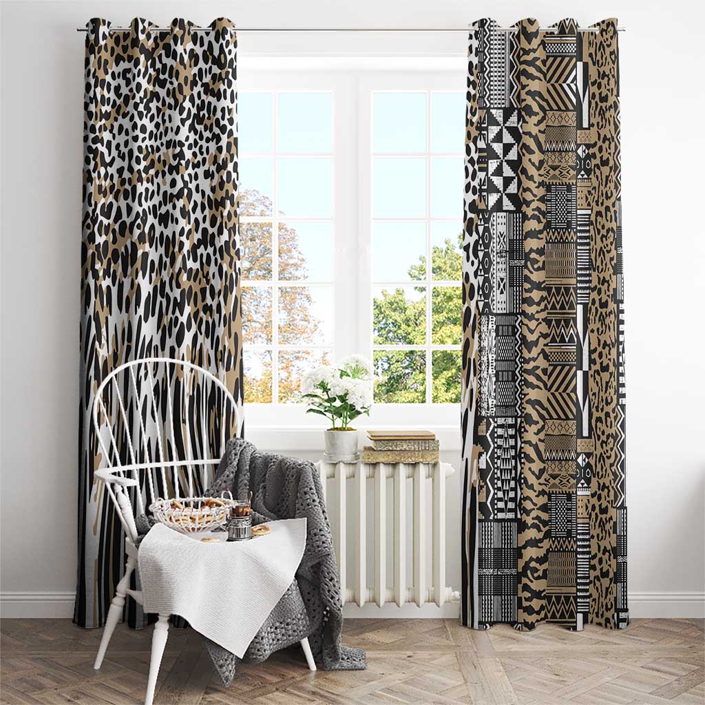 Two tall window curtains with leopard and tribal geometric designs, beige and dark accents.