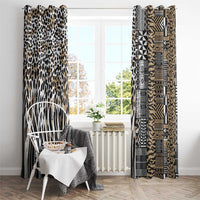 Two tall window curtains with leopard and tribal geometric designs, beige and dark accents.