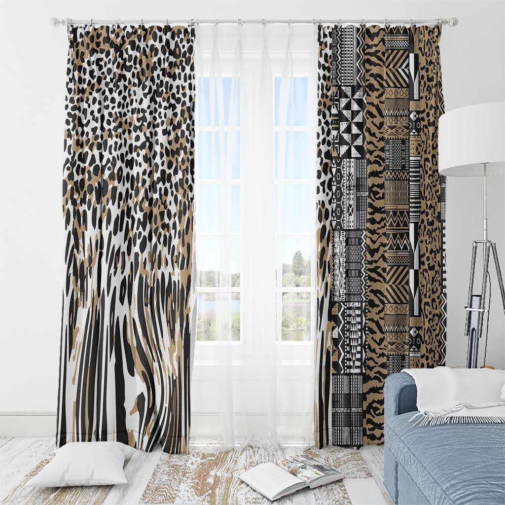 Leopard and tribal patterned window curtain panels on a rod, beige and dark prints.