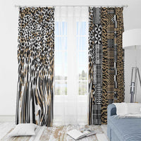 Leopard and tribal patterned window curtain panels on a rod, beige and dark prints.