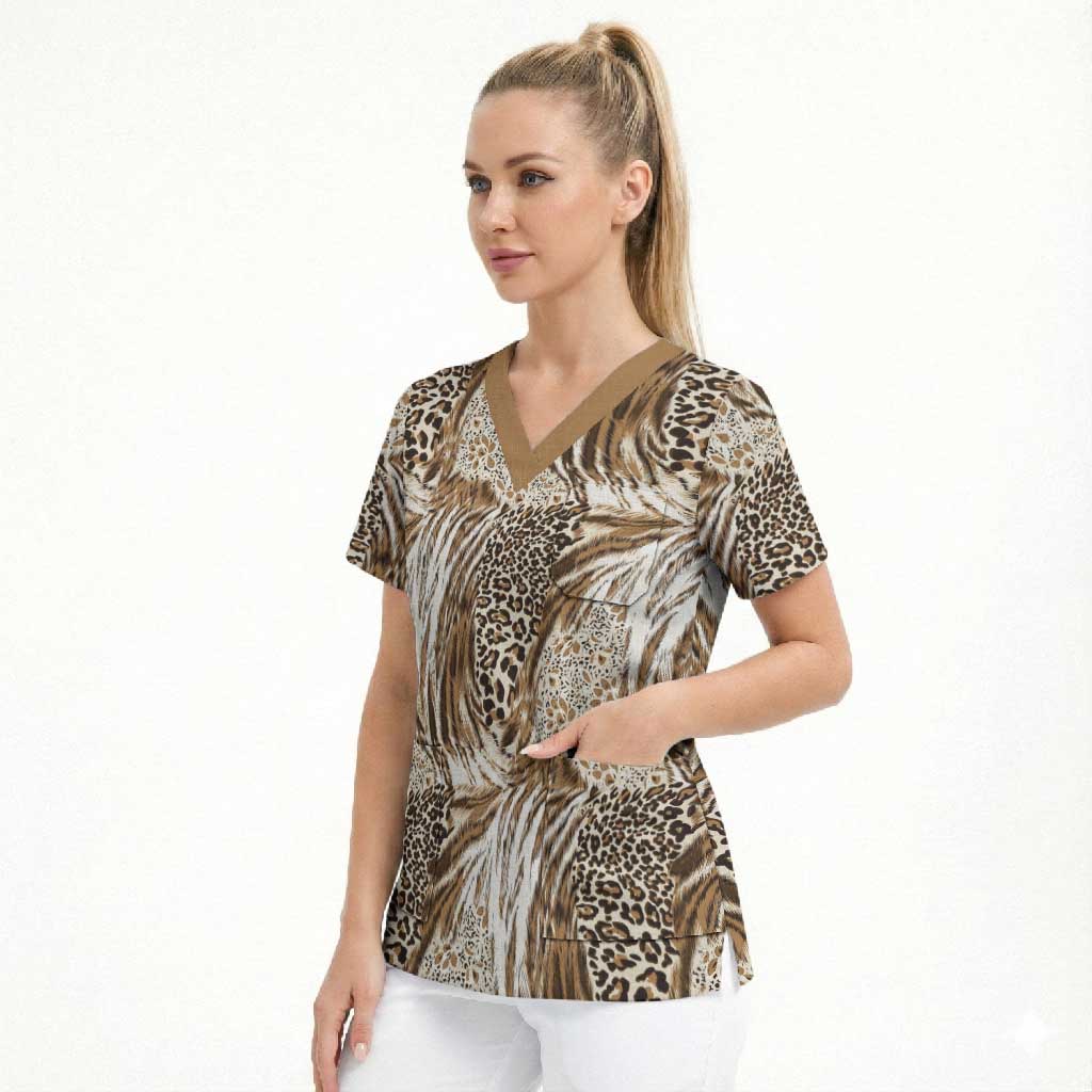 African Wild Animal Skins Scrub Top Leopard Pattern