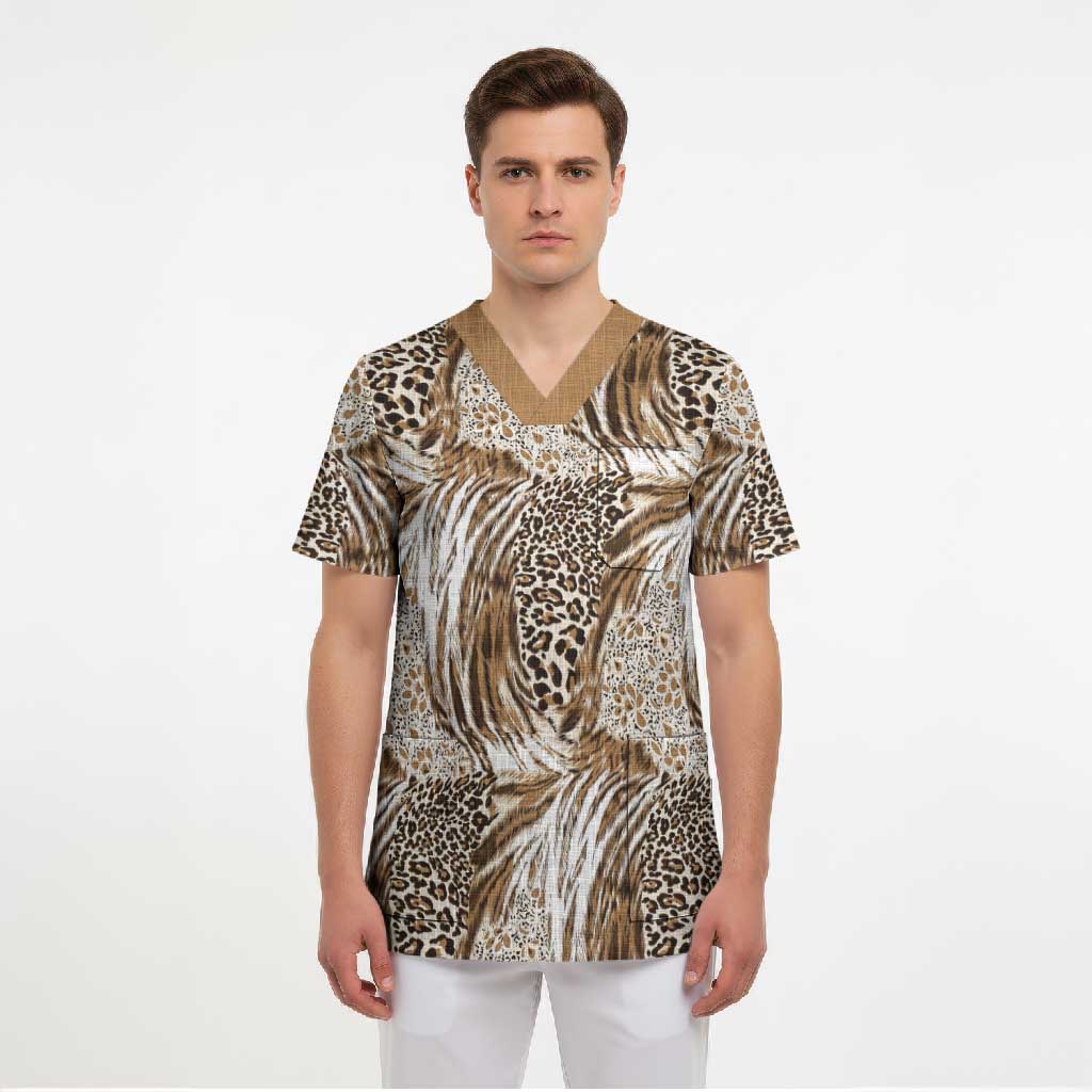 African Wild Animal Skins Scrub Top Leopard Pattern