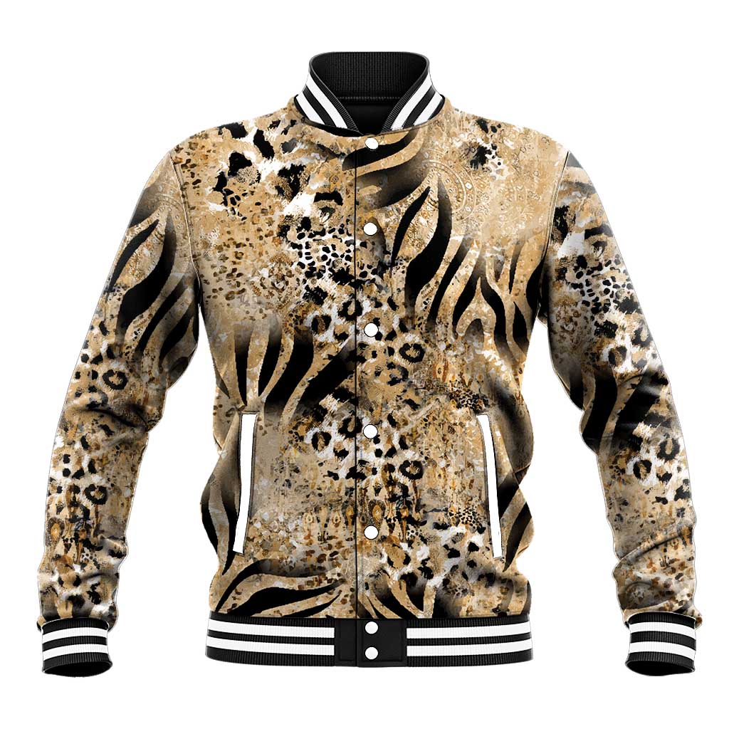 Beige animal-print baseball jacket with striped ribbed collar, cuffs, and button placket