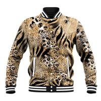 Beige animal-print baseball jacket with striped ribbed collar, cuffs, and button placket
