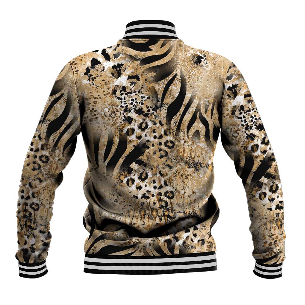 Beige animal-print baseball jacket with striped ribbed hem and high ribbed collar