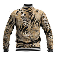 Beige animal-print baseball jacket with striped ribbed hem and high ribbed collar