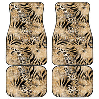 Animal-print car mat set of four, beige with black zebra, tiger and leopard patterns