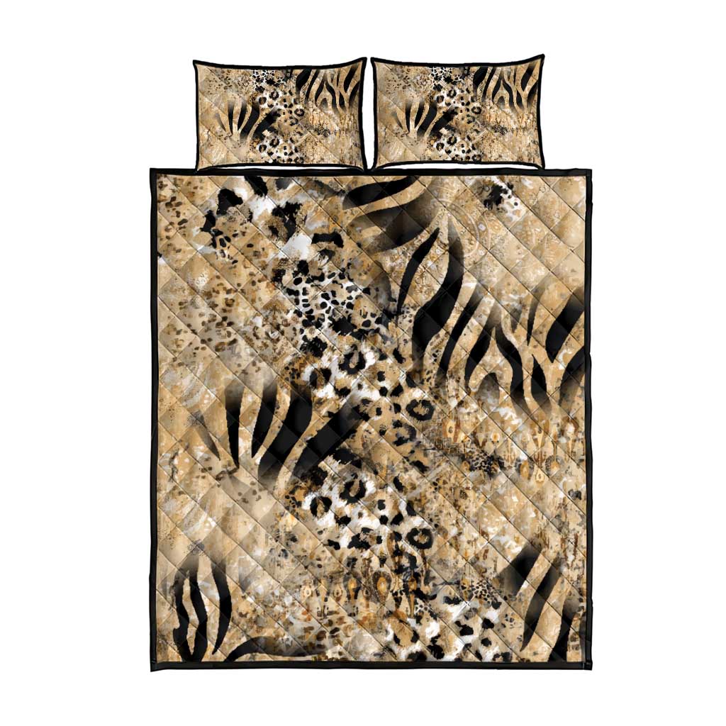 Animal-print quilt bed set in beige with geometric quilt texture and two matching pillowcases