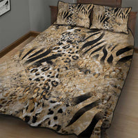 Beige animal-print quilt bed set with zebra and leopard stripes and two square pillows