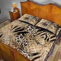 Beige animal-print quilt bed set featuring zebra, leopard, and tiger prints with two pillows