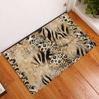 Beige animal-print rubber doormat with zebra stripes and leopard spots, corner view
