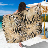 Beige animal-print sarong with zebra, tiger, and leopard patterns, draped on person