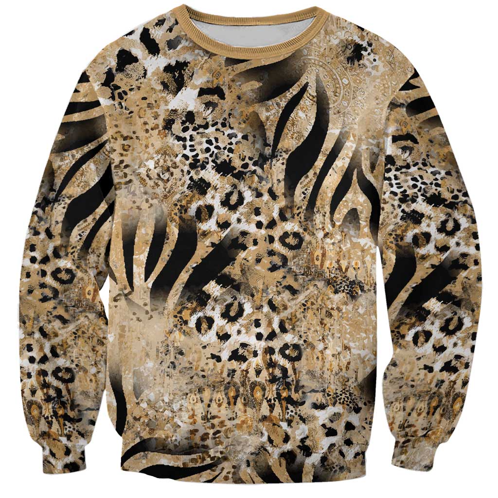 Unisex crewneck sweatshirt with beige animal-print mix and black flame accents