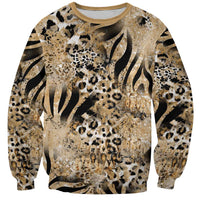 Unisex crewneck sweatshirt with beige animal-print mix and black flame accents