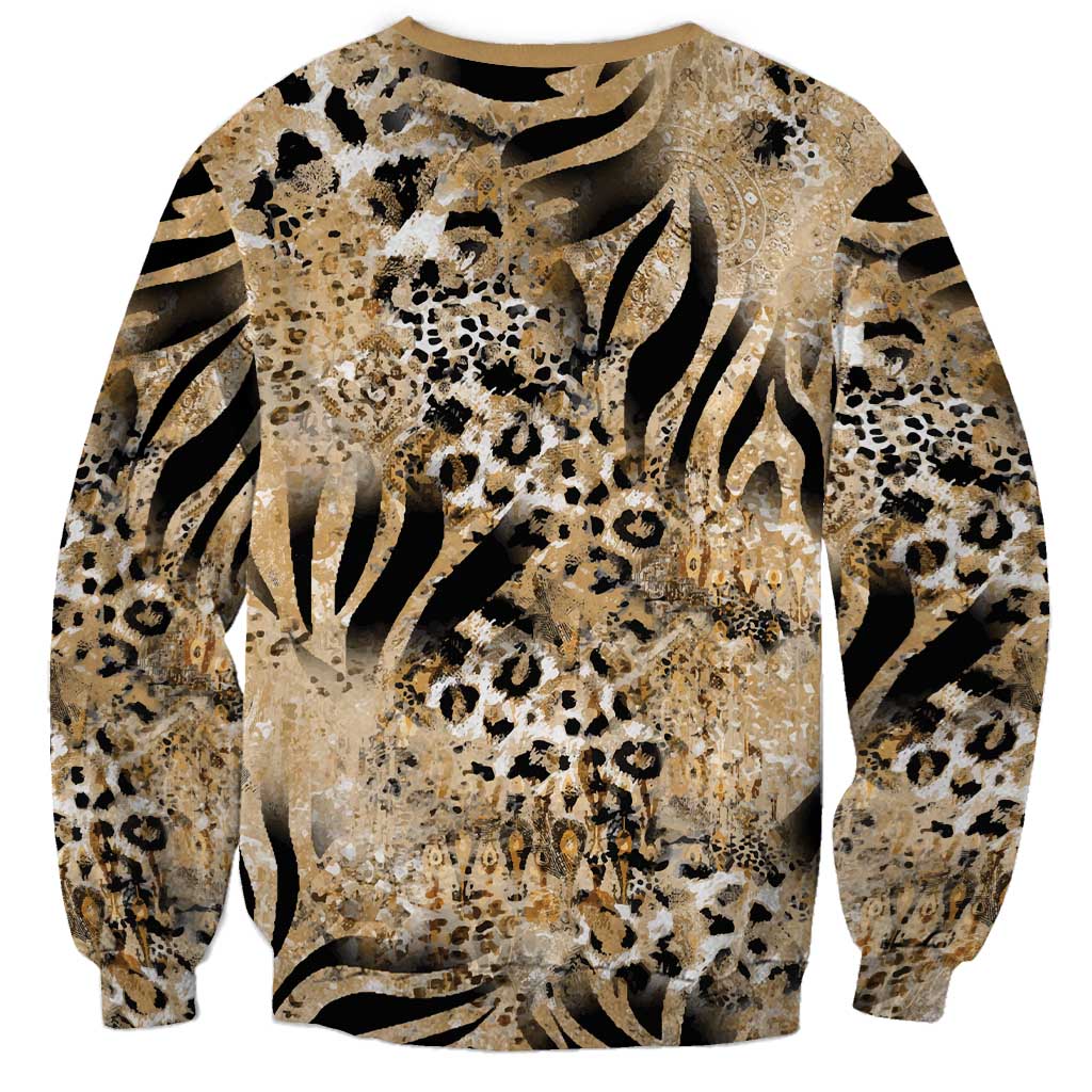 Unisex crewneck sweatshirt with beige leopard-zebra print and black abstract stripes
