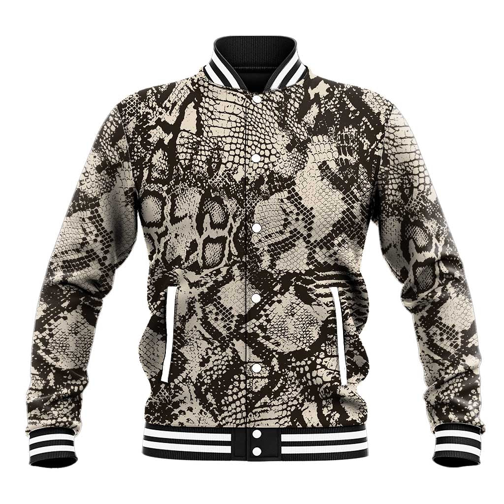 Black and cream snake-print baseball jacket with snap front, striped ribbed collar and cuffs