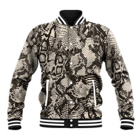 Black and cream snake-print baseball jacket with snap front, striped ribbed collar and cuffs