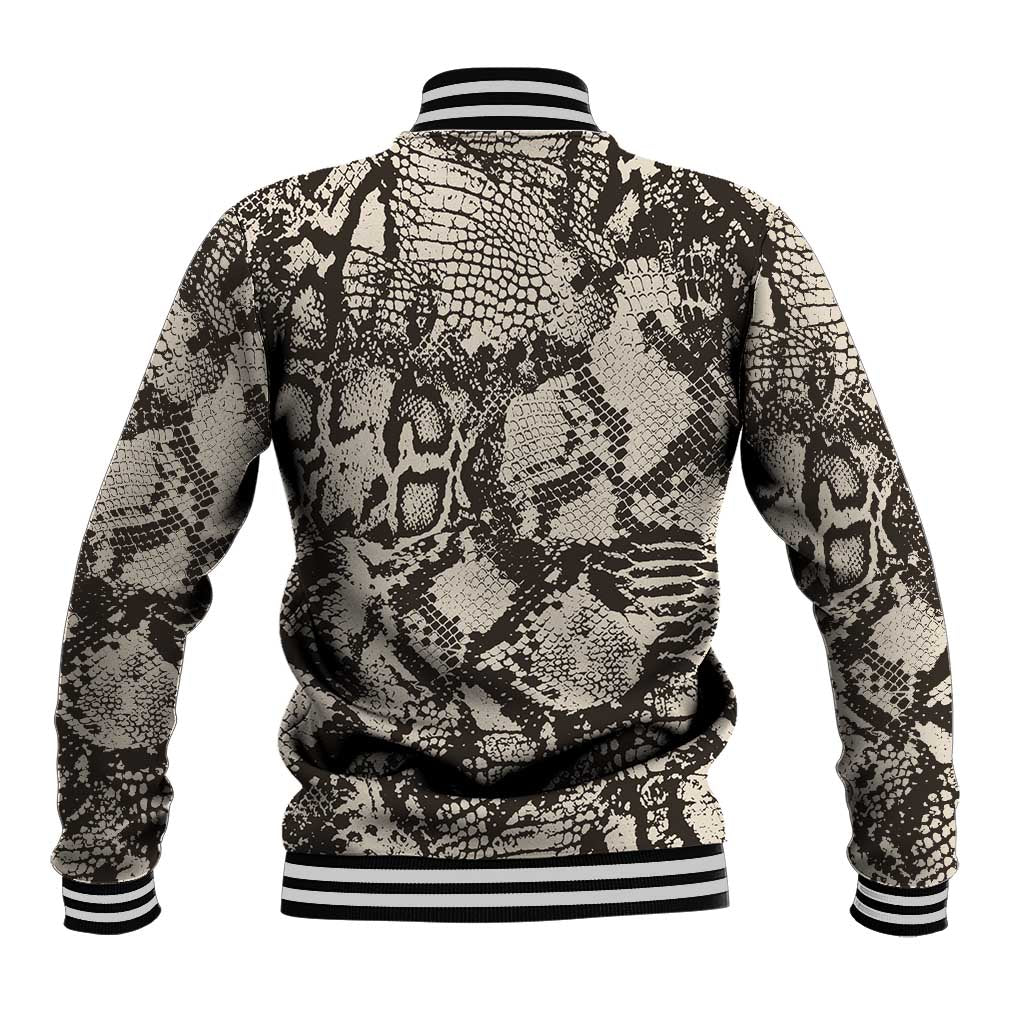 Black and cream snake-print baseball jacket with striped ribbed cuffs and hem