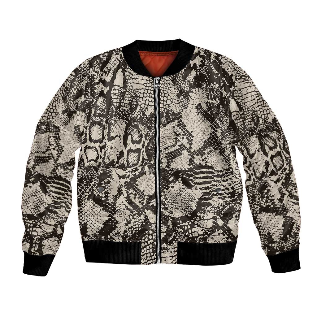 Snake-crocodile print bomber jacket with front zipper, ribbed cuffs and hem