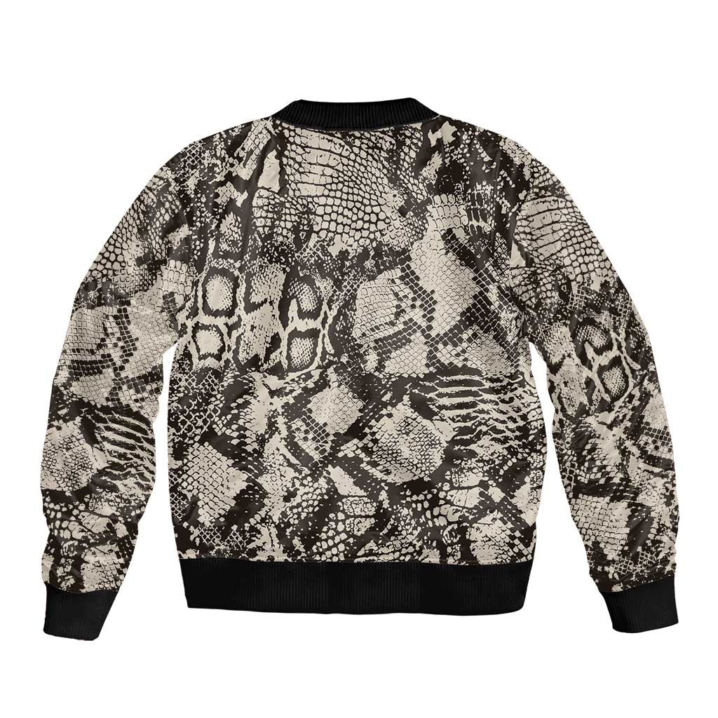 Snake-crocodile print bomber jacket back view, ribbed hem and cuffs