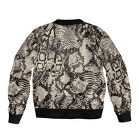 Snake-crocodile print bomber jacket back view, ribbed hem and cuffs