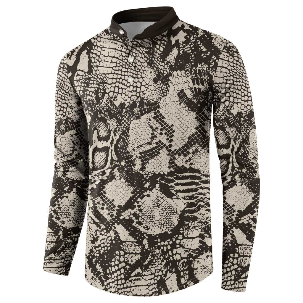 Button-front long-sleeve sweatshirt, front view, snakeskin print in black-and-cream